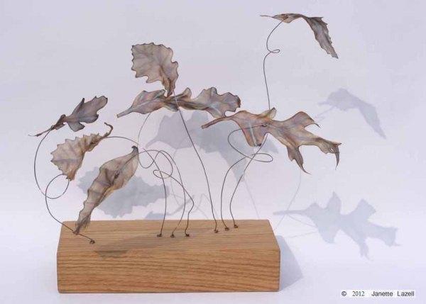 Oak leaves 7-collection - stainless steel woven wirecloth Oak leaves on copper wires set in Oak base