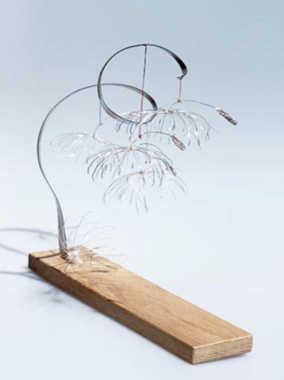 New Beginnings 5 -silver plated copper wire, stainless steel on Oak base - h 32 x w 34 x d 17cm